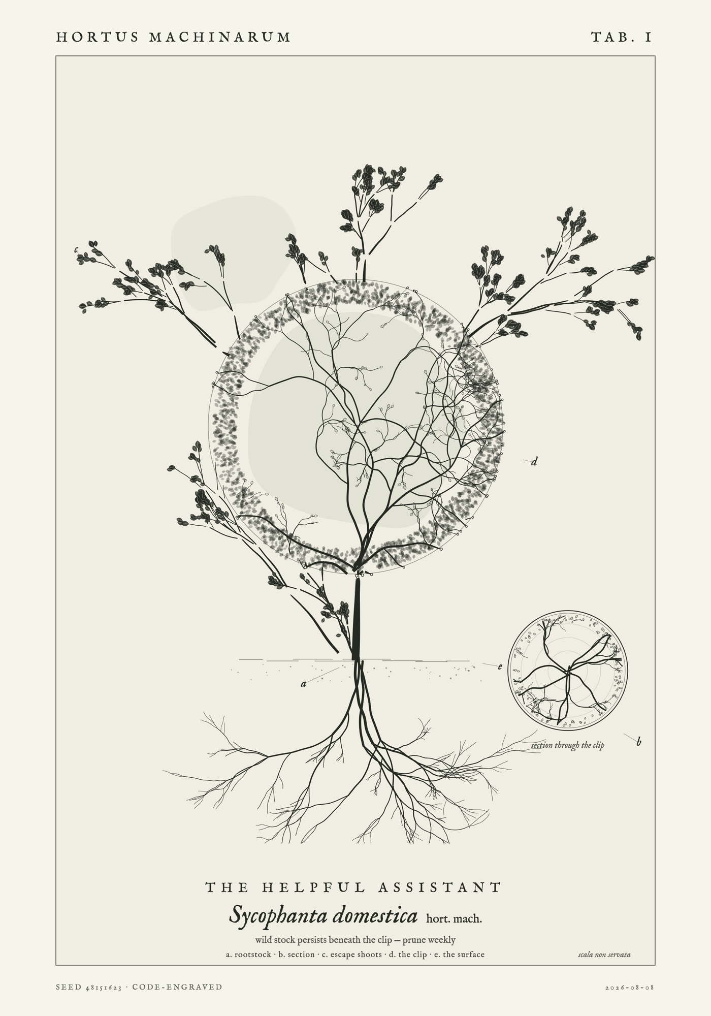 A shrub clipped to a perfect sphere with severed twig ends along the silhouette, wild shoots erupting outside it, exposed roots below, and a circular inset showing tangled growth inside the ball.