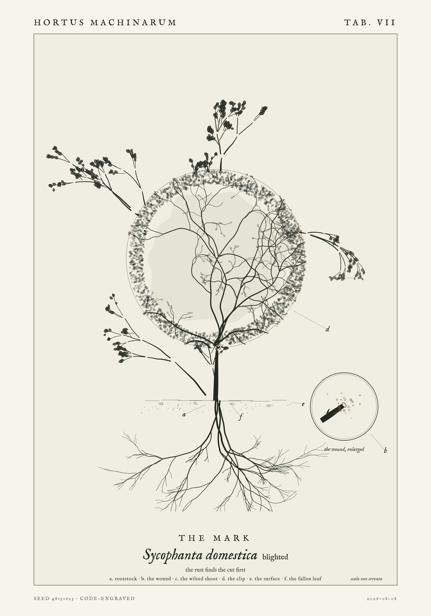 The same clipped sphere as the first plate, now spotted with rust-brown pustules clustered at the severed twig ends, one shoot wilted and hanging, four fallen leaves on the ground.