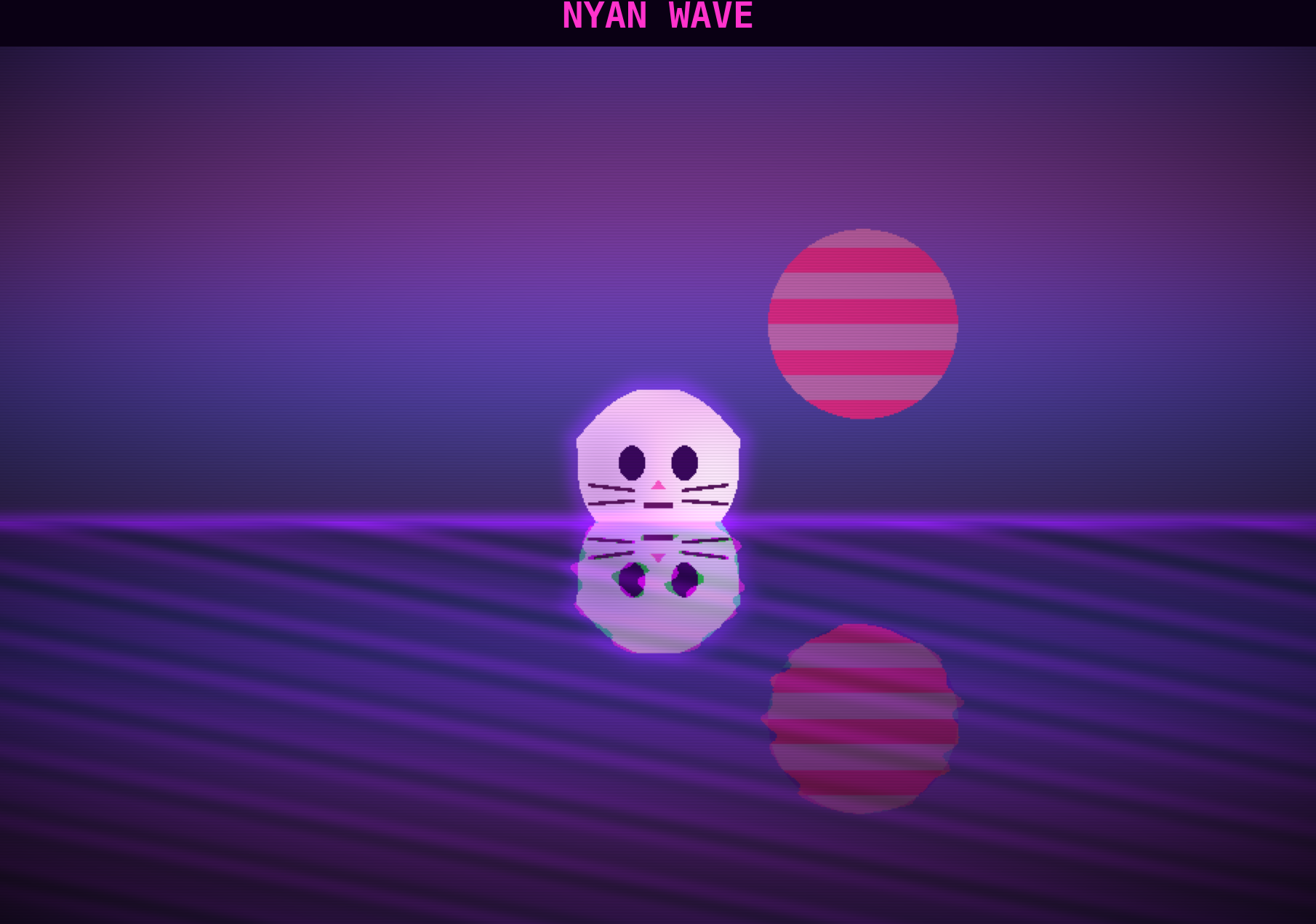 A glowing white cat face over a purple gradient sky, a striped magenta sun to its right, and a retrowave grid receding below the horizon.