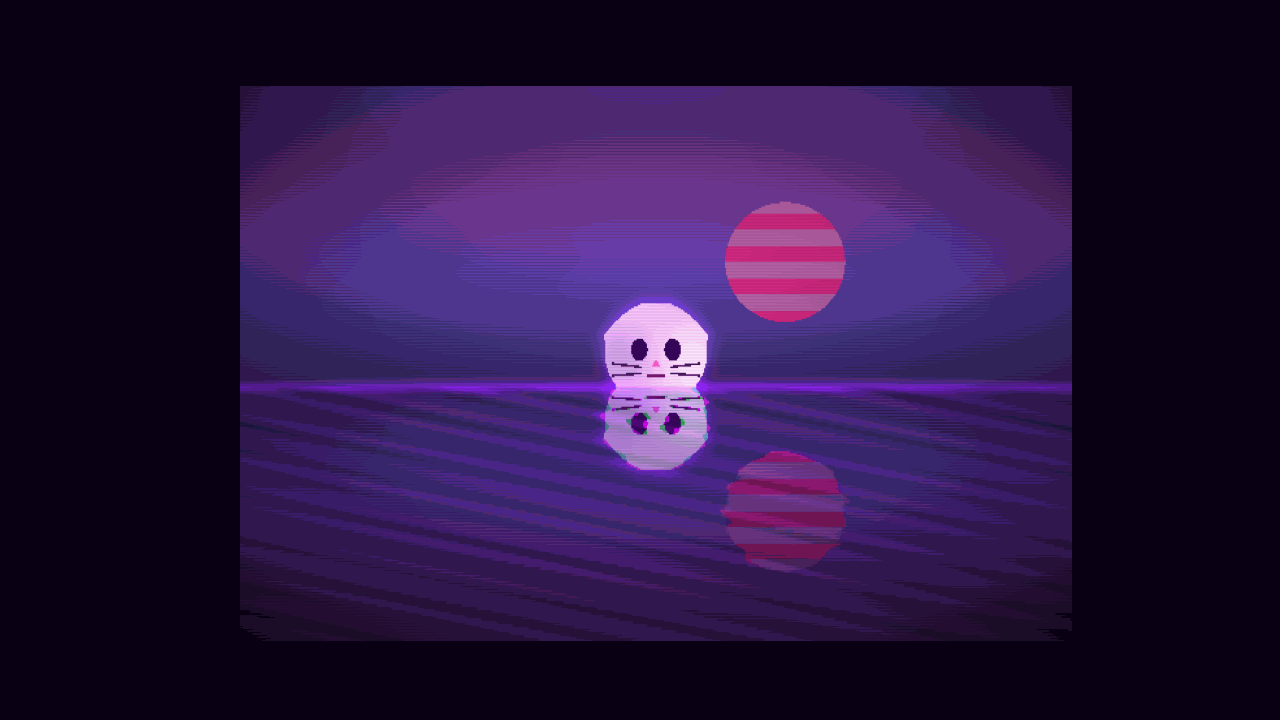 The same vaporwave cat scene animated, the sun and grid drifting while the reflection ripples in the water.