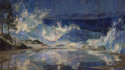 Painterly blue ocean wave frozen mid-crash behind a glass wall, reflected on a dark shoreline floor