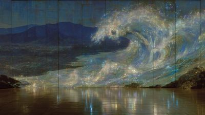 A luminous starlit wave curling against night mountains, mirrored on a polished golden floor