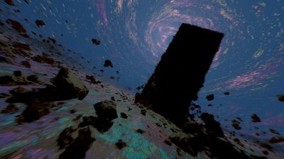 A black monolith floating in deep space amid drifting debris and a faint pink spiral galaxy