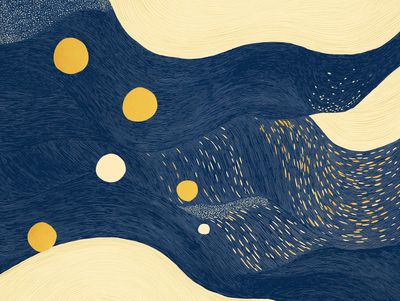 Flowing navy and cream waves with scattered golden circles and dashed flecks across a textured abstract landscape.