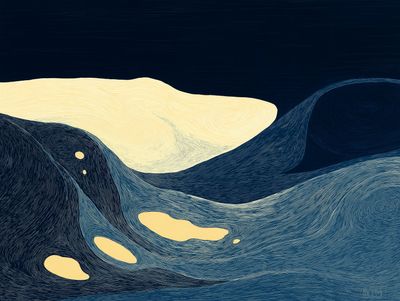 Rolling blue dunes under a pale cream ridge against a dark night sky, with small golden pools below.