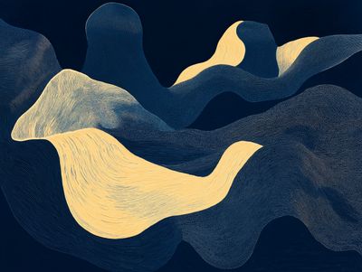 Sweeping golden-yellow forms curling like windblown cloth across a deep indigo, finely lined background.