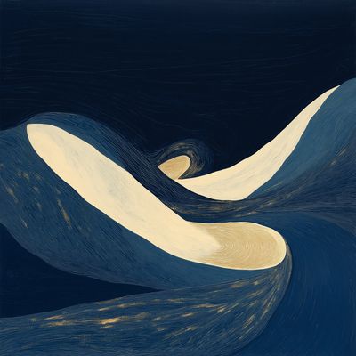 A pale cream wave spiraling into a curl over dark blue dunes against a near-black sky.