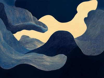 Interlocking blue rounded mounds with a large pale cream cloud shape weaving through a dark sky.