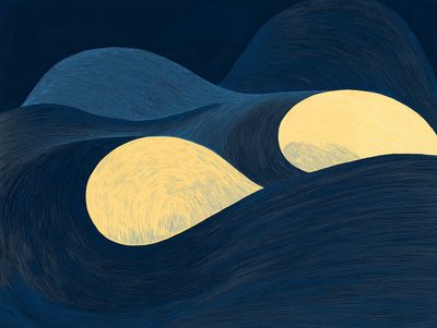 Two glowing golden teardrop forms nestled among rolling dark blue waves under a night sky.