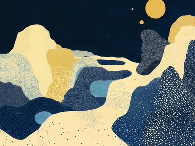 Stippled cream and navy mountain shapes under a dark sky with two golden orbs, in a pointillist style.