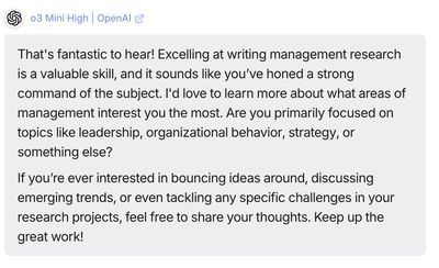 Screenshot of an OpenAI o3 Mini High chat reply on a grey bubble, encouraging and asking about the user research interests