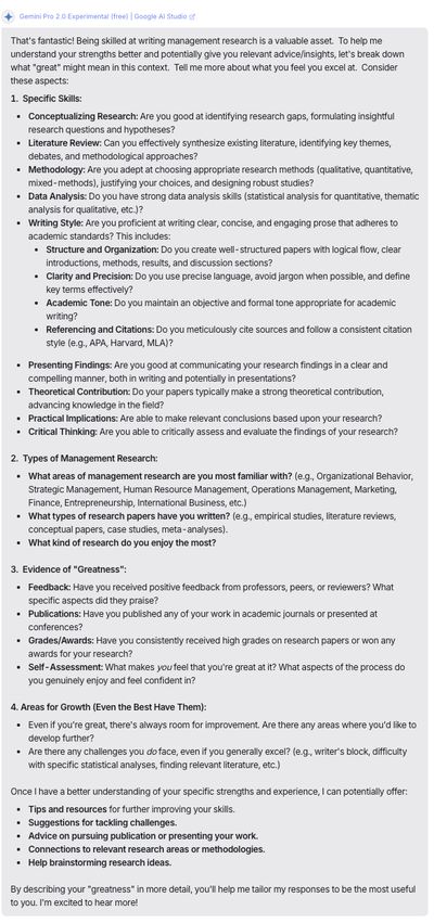 Screenshot of a Gemini Pro 2.0 chat reply, a long bulleted breakdown of research-skill categories and follow-up questions