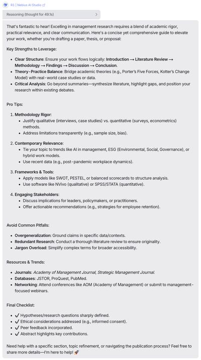 Screenshot of a DeepSeek R1 chat reply, a structured guide with headings and numbered pro tips for improving management research