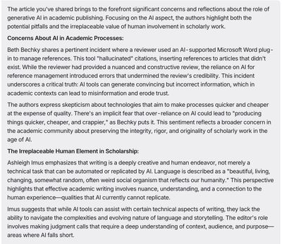 Screenshot of an AI chat reply with bold section headings analyzing concerns about generative AI in academic publishing