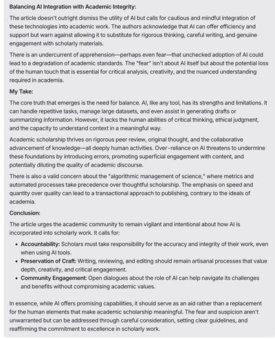 Screenshot continuing the AI chat reply with My Take and Conclusion sections weighing AI integration against academic integrity