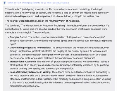 Screenshot of a Gemini 2.0 Flash Thinking chat reply with a bulleted list of fears about AI in academic publishing