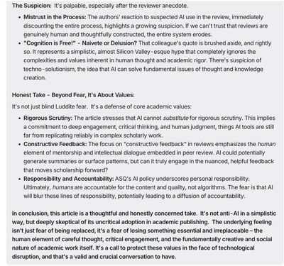 Screenshot continuing the Gemini reply with Suspicion and Honest Take sections defending core academic values in bold text