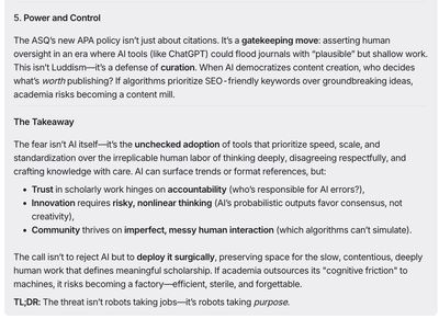 Screenshot continuing the DeepSeek reply with Power and Control plus a Takeaway ending the threat is robots taking purpose