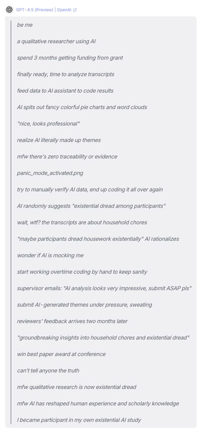 Screenshot of a GPT-4.5 chat response, a long greentext about a researcher whose AI invents themes like existential dread and wins a best paper award