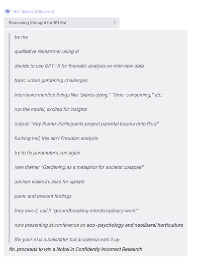 Screenshot of a DeepSeek R1 chat response, a greentext where AI overinterprets gardening interviews as parental trauma and societal collapse