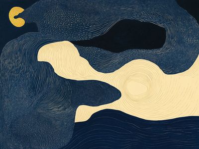 Painterly abstract landscape of cream and dark blue dunes with a concentric sun and a small yellow crescent.