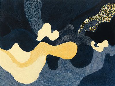 Abstract flowing forms in navy, slate, and yellow with cream clouds and a speckled gold ribbon at upper right.