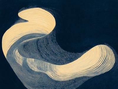 Abstract swirling wave of fine pale-yellow and blue lines curling across a deep navy background.