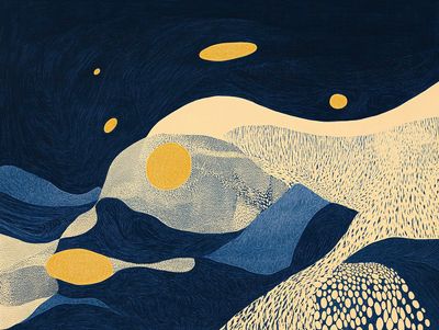 Abstract rolling hills in navy and cream beneath a dark sky dotted with golden circles and stippled texture.