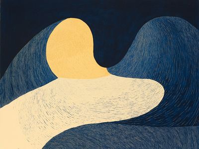 Abstract line-drawn landscape with a yellow sun rising over cream and deep blue rounded hills.