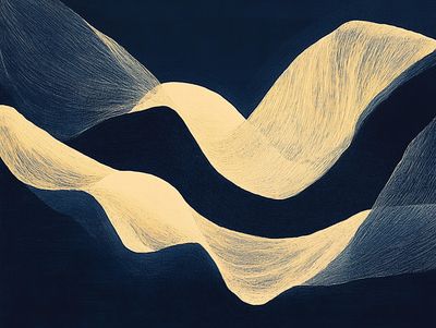 Two intertwining ribbons of fine pale-gold and blue threads draped across a dark navy field.