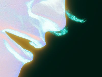 Abstract painterly profile of a luminous white face against black, with a wisp of teal at the mouth and a gold glow below.