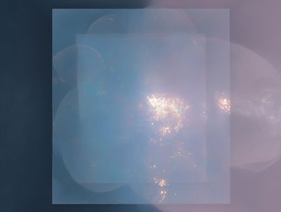 Abstract translucent pale-blue square panel over soft cloudy spheres with a bright golden glimmer at center, on a muted slate and lilac ground.