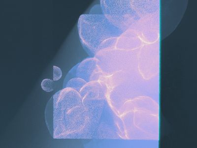 Abstract grainy cluster of pink and lavender bubble forms glowing against a dark teal background with a soft diagonal beam of light.