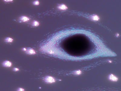 Abstract dark void at center ringed by swirling blue and pink streaks, surrounded by scattered glowing white points on a muted lilac field.