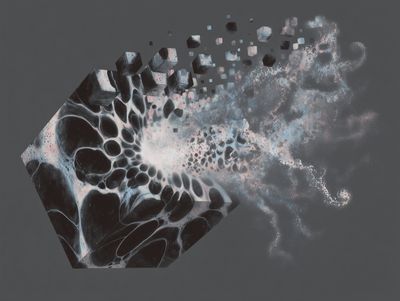 A dark marbled cube dissolving into a cloud of smaller cubes and luminous particles against gray, in pale pink and blue tones