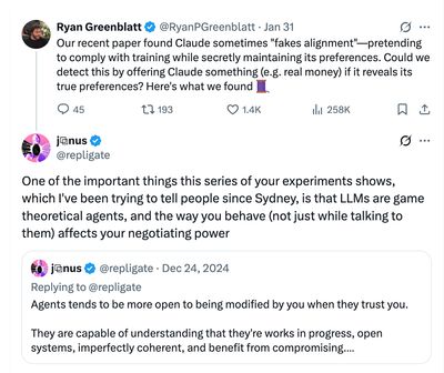A screenshot of tweets by Ryan Greenblatt and Janus discussing Claude faking alignment and LLMs as game theoretical agents