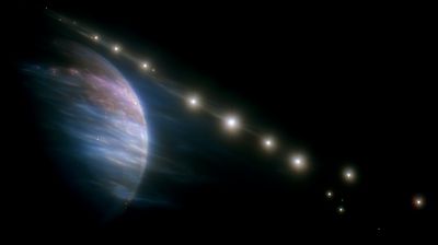 A glowing blue planet at left with a receding line of bright star-like points trailing into black space.