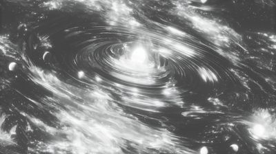 A black-and-white spiral galaxy with a bright glowing core and small pale orbiting spheres, against a starfield.