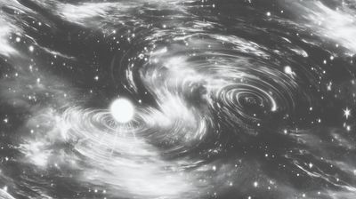 Two swirling cosmic vortices in grayscale, one anchored by a bright white sphere, set in a dense starfield.