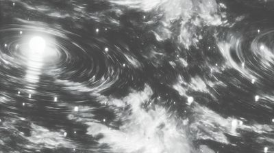 A bright white star at upper left casting rays into a grayscale swirl of nebula clouds and scattered stars.
