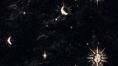 A vintage celestial illustration in gold on black, with a radiant sun face, crescent moons, and engraved stars.
