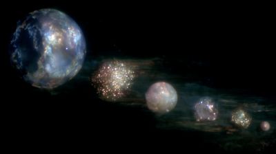 A row of glowing spheres in blue and gold, largest at left shrinking into the distance against black space.