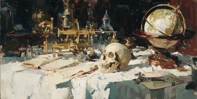 A loose, painterly oil still-life in the vanitas tradition: a brass armillary sphere and astronomical instruments, a glass decanter, scattered ledgers, and a celestial globe crowded on white drapery in deep shadow, with a human skull at the center catching the light — a memento mori set among the apparatus of measurement.