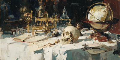 A loose, painterly oil still-life in the vanitas tradition: a brass armillary sphere and astronomical instruments, a glass decanter, scattered ledgers, and a celestial globe crowded on white drapery in deep shadow, with a human skull at the center catching the light — a memento mori set among the apparatus of measurement.