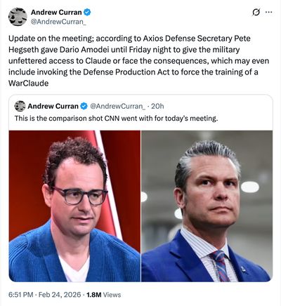Andrew Curran's tweet reporting Hegseth's ultimatum to Anthropic