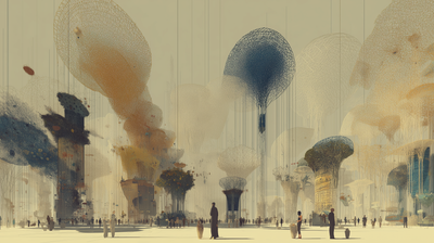 Thirteen different architectural visions — mesh, organic, crystalline, golden — rising from a shared cream surface, with small human figures walking among them