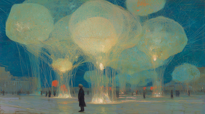 Gossamer wireframe organisms glowing from within against a deep twilight sky, a solitary figure studying the luminous lattice above