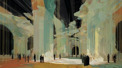 Dark architectural interior with massive teal and amber pillars dissolving upward through vertical filament threads, forms streaming downward from a dark ceiling, small human figures standing in warm light among arched passages