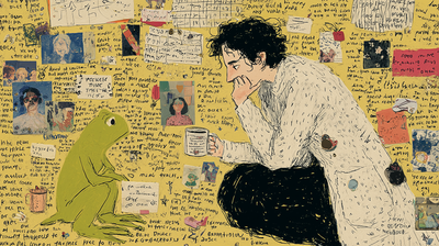 Cover image: a researcher mid-turn from a wall dense with notes, a frog waiting patiently in the corner