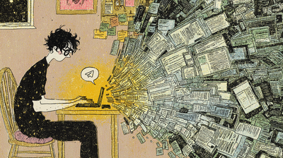 Cover image: a person at a small warm laptop, a tidal wave of documents and screens cascading from the right